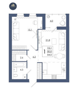 Планировка помещения «1 к 54,0 кухня 21,8»