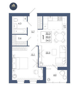 Планировка помещения «1 к 54,0 кухня 22,3»