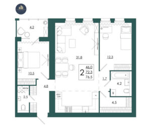 Планировка помещения «2 к 76,5 кухня 31,8»