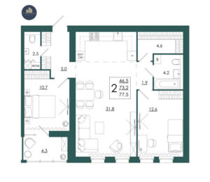 Планировка помещения «2 к 77, 5 кухня 31,8.»