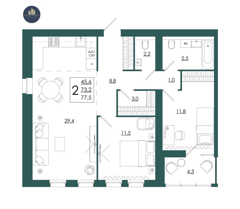 Планировка помещения «2-комнатная квартира № 87»