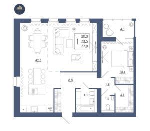Планировка помещения «2 к 77,8 кухня 42,5»
