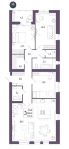 Планировка помещения «3 к 110 кухня 36,9»