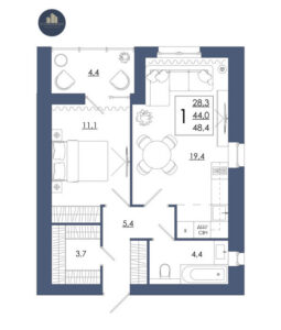 Планировка помещения «1 к 48,4 кухня 19,4»