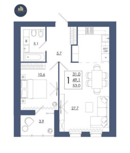 Планировка помещения «1 к 53,0 кухня 27,7»