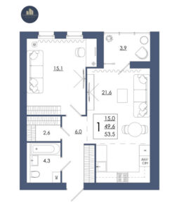 Планировка помещения «1 к 53,5 кухня 21,6»