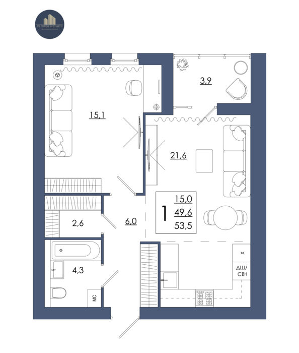 Планировка помещения «1-комнатная квартира № 1»