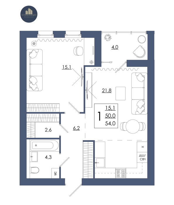 Планировка помещения «1-комнатная квартира № 53»