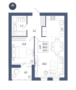 Планировка помещения «1 к 54,0 кухня 28,2»