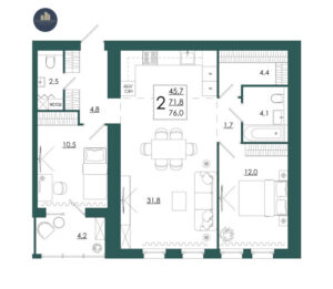Планировка помещения «2 к 76,0 кухня 31,8»