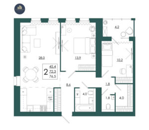 Планировка помещения «2 к 76,5 кухня 28»