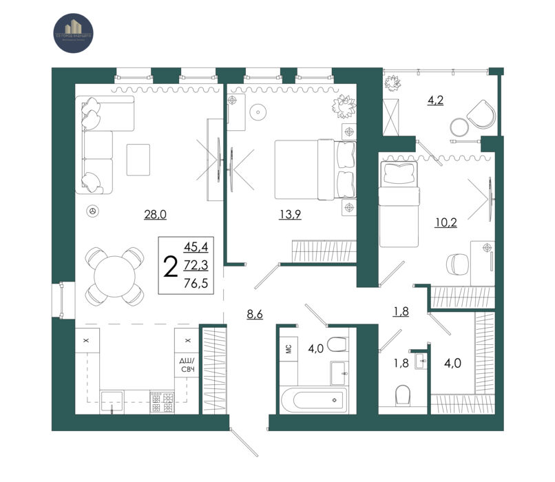 Планировка помещения «2-комнатная квартира № 8»