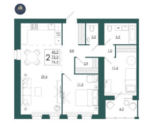 Планировка помещения «2 к 76,5 кухня 29,4»