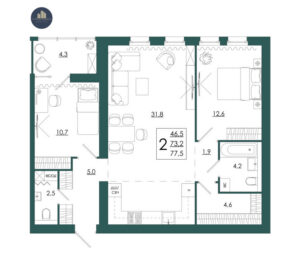 Планировка помещения «2 к 77,5 кухня 31,8»