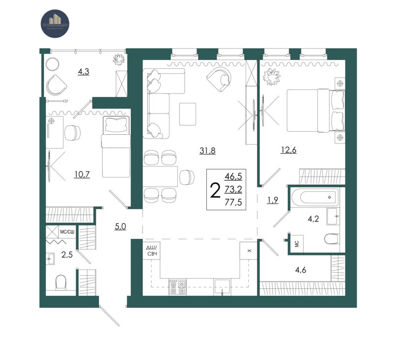 Планировка помещения «2-комнатная квартира № 60»