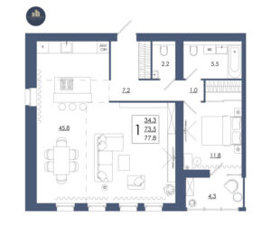 Планировка помещения «2 к 77,8 кукхня 45,8»