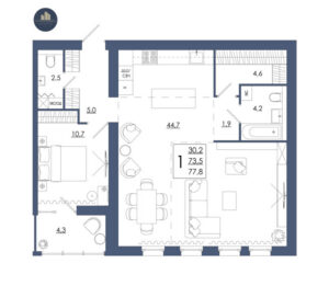 Планировка помещения «2 к 77,8 кухня 44,7.»