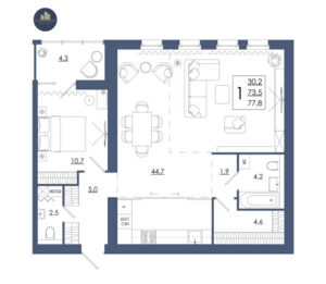 Планировка помещения «1 к 77,8 кухня 44,7»