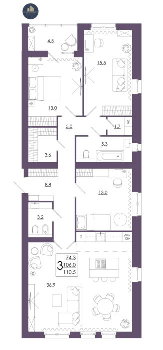 Планировка помещения «3-комнатная квартира № 86»