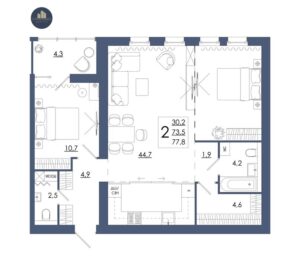 Планировка помещения «1 к 77,8 кухня 44,7»