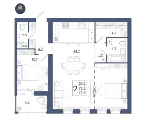 Планировка помещения «2 к 77,8 кухня 44,7.»