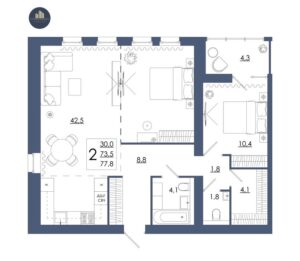 Планировка помещения «2 к 77,8 кухня 42,5»