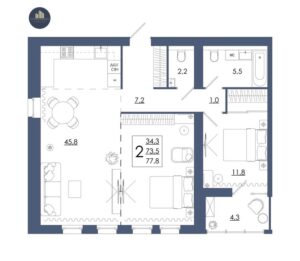 Планировка помещения «2 к 77,8 кукхня 45,8»